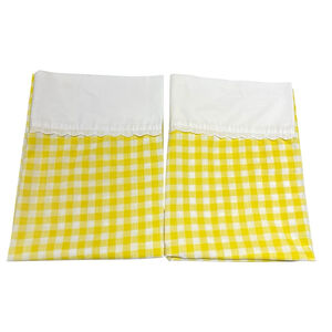 Vtg (2) Standard Pillowcases Scalloped White Yellow Gingham Print made in USA